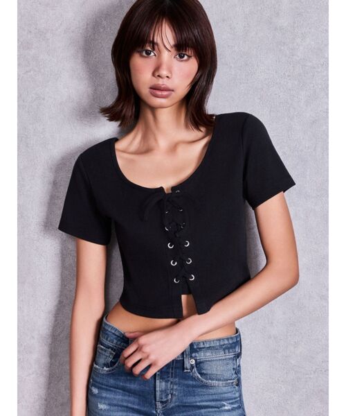 GYDA(ジェイダ)の「BUNNY 2WAYレースアップショートTシャツ(Tシャツ/カットソー・レディース・グレー/ブラック/オフホワイト・FREE)」の3枚目の写真