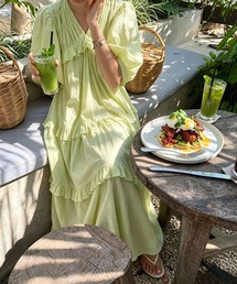 Vネックフリルパフスリーブワンピース