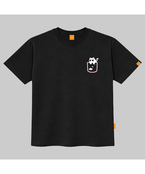 LLAMO(エラモ)の「ポケット-ニャン 半袖Tシャツ 男女共用 ビッグサイズ(Tシャツ/カットソー・メンズ・ホワイト/ブラック/グレー/ダークインディゴブルー・SMALL/MEDIUM/LARGE/X-LARGE/2XL/4XL/3XL)」の2枚目の写真