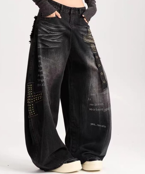 UP START(アップスタート)の「【Bls】【ZM】【Bling Leads】クロスモチーフ ダメージデニムパンツ ユニセックス(BL)(デニムパンツ・メンズ・ブラック・LARGE/MEDIUM)」の5枚目の写真