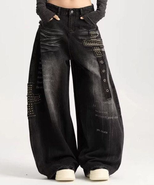 UP START(アップスタート)の「【Bls】【ZM】【Bling Leads】クロスモチーフ ダメージデニムパンツ ユニセックス(BL)(デニムパンツ・メンズ・ブラック・LARGE/MEDIUM)」の6枚目の写真