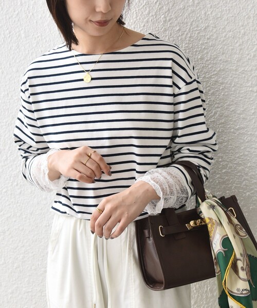 SHIPS Colors(シップス カラーズ)の「【WEB限定】〈手洗い可能〉レース 切替スリーブ ボーダー カットソー◇(Tシャツ/カットソー・レディース・オフホワイト/ブラック・ONE SIZE)」の12枚目の写真