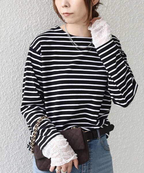 SHIPS Colors(シップス カラーズ)の「【WEB限定】〈手洗い可能〉レース 切替スリーブ ボーダー カットソー◇(Tシャツ/カットソー・レディース・オフホワイト/ブラック・ONE SIZE)」の18枚目の写真