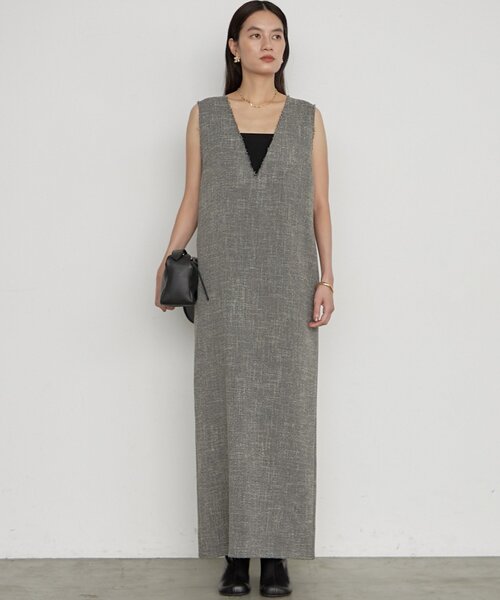 LOUNGEDRESS(ラウンジドレス)の「《セットアップ可/オケージョン》【Atelier N5/アトリエヌメロサンク】ツイードV ワンピース 秋服(ワンピース・レディース・ブラック・FREE)」の2枚目の写真