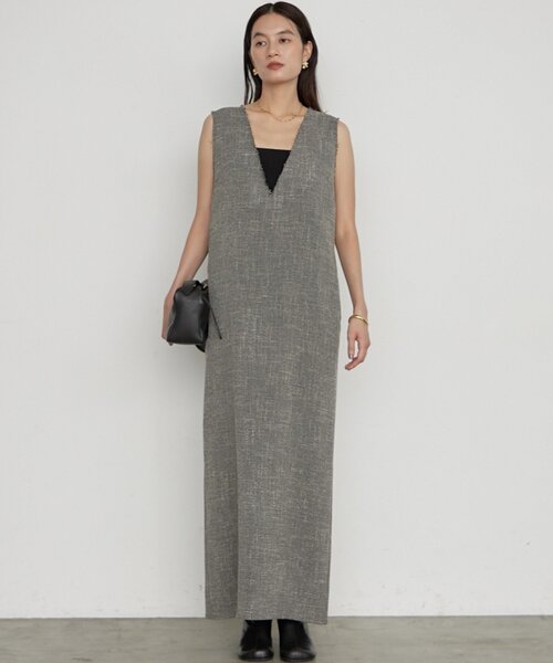 LOUNGEDRESS(ラウンジドレス)の「《セットアップ可/オケージョン》【Atelier N5/アトリエヌメロサンク】ツイードV ワンピース 秋服(ワンピース・レディース・ブラック・FREE)」の3枚目の写真