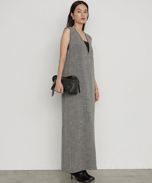 LOUNGEDRESS(ラウンジドレス)の「《セットアップ可/オケージョン》【Atelier N5/アトリエヌメロサンク】ツイードV ワンピース 秋服(ワンピース・レディース・ブラック・FREE)」の4枚目の写真