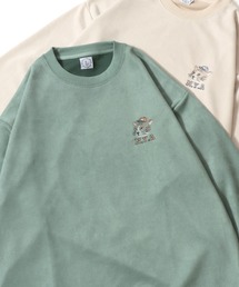 Cat Embroidery Ponte Suede Sweat shirt/アニマル 猫 ワンポイント刺繍 オーバーサイズ ポンチスウェード トレーナー スウェット レディース メンズ