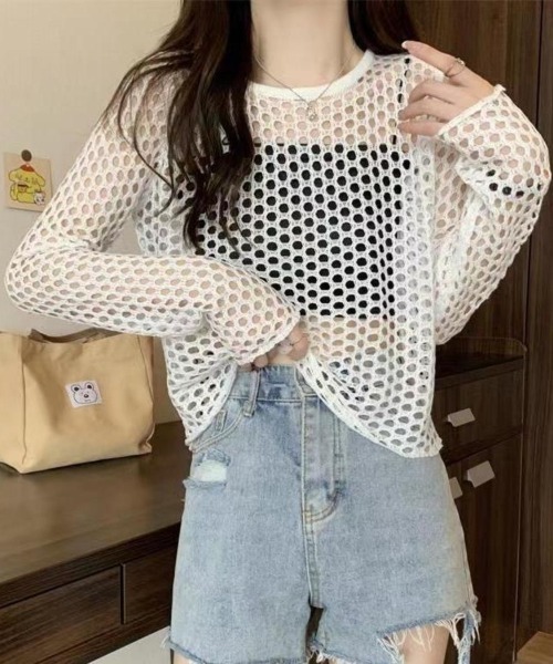 Beststore(ベストストア)の「メッシュニット メッシュトップス 透け感 シアー 長袖(ニット/セーター・レディース・ホワイト/ブラック/グレー・FREE)」の2枚目の写真