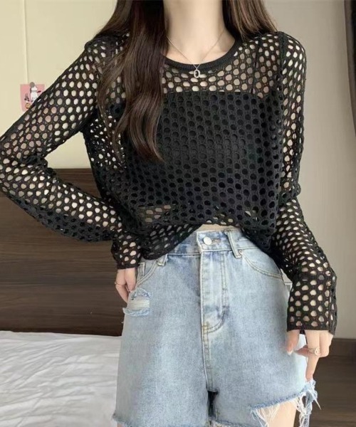Beststore(ベストストア)の「メッシュニット メッシュトップス 透け感 シアー 長袖(ニット/セーター・レディース・ホワイト/ブラック/グレー・FREE)」の13枚目の写真