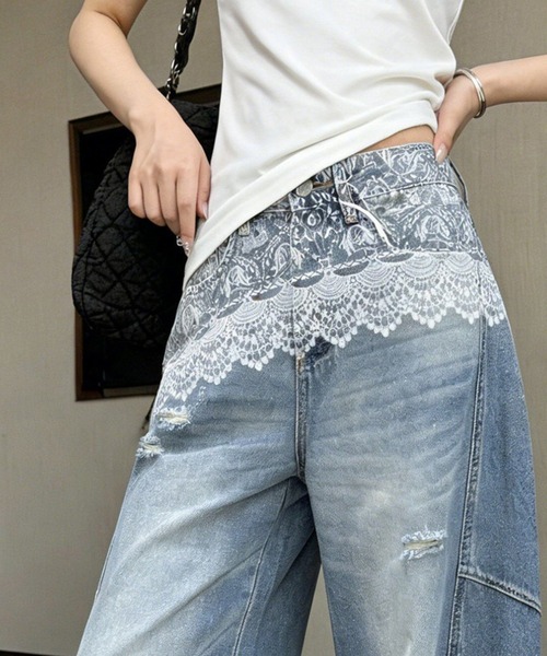 Teem Store(チームストア)の「ウエストレースドッキング ルーズワイドデニムパンツ(デニムパンツ・レディース・ブルー・S/M/L)」の2枚目の写真