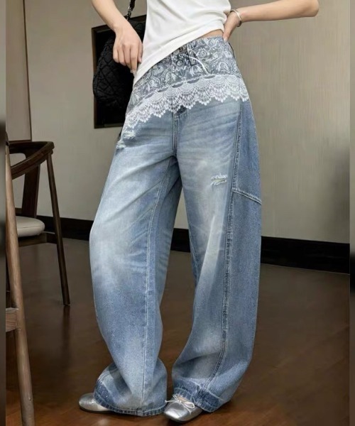 Teem Store(チームストア)の「ウエストレースドッキング ルーズワイドデニムパンツ(デニムパンツ・レディース・ブルー・S/M/L)」の4枚目の写真