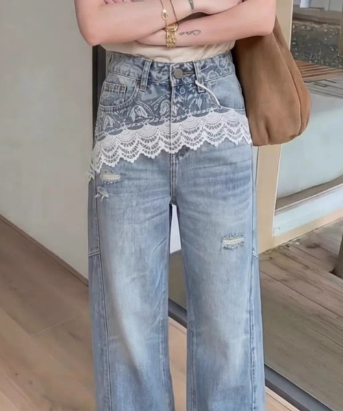 Teem Store(チームストア)の「ウエストレースドッキング ルーズワイドデニムパンツ(デニムパンツ・レディース・ブルー・S/M/L)」の5枚目の写真