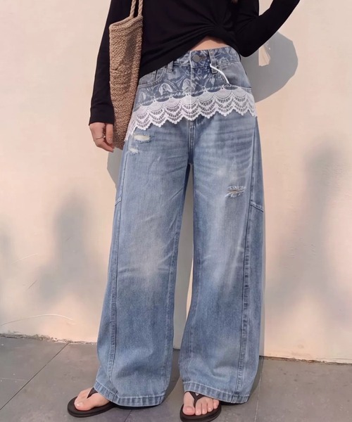 Teem Store(チームストア)の「ウエストレースドッキング ルーズワイドデニムパンツ(デニムパンツ・レディース・ブルー・S/M/L)」の7枚目の写真