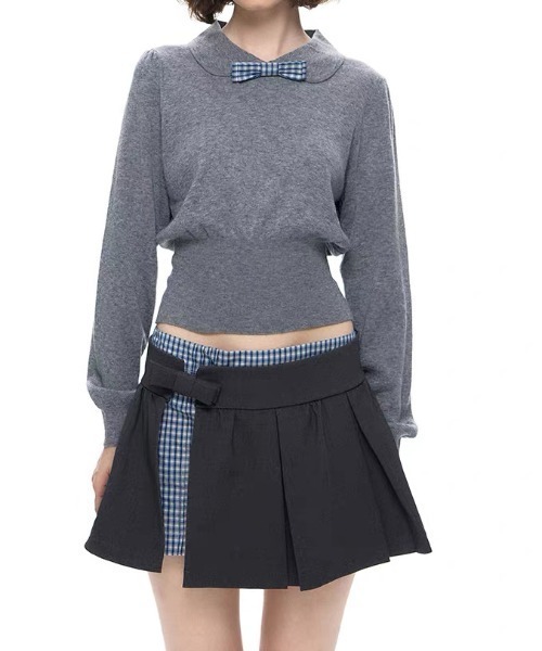 AsRiRe（アスリレイ）の「26aw 【リボン取り外し可能】配色カラーニットトップス（ニット/セーター・レディース・グレー/ホワイト・M）」の6枚目の写真