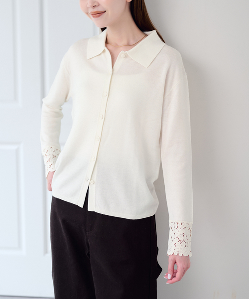 U by SPICK&SPAN(ユーバイスピックアンドスパン)の「レースカフスニットシャツ(ニット/セーター・レディース・ホワイト/ブラック・FREE)」の5枚目の写真
