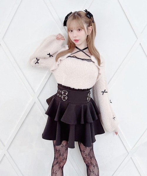MA*RS(アメーバーマーズ)の「チビリボンケープ風ニット(ニット/セーター・レディース・ピンク/ブラック×ホワイト/ホワイト・FREE)」の10枚目の写真