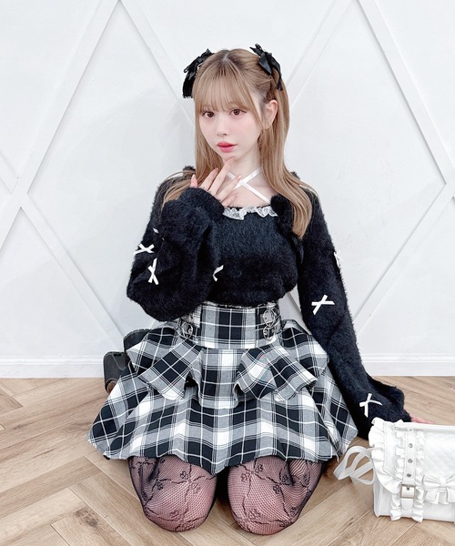 MA*RS(アメーバーマーズ)の「チビリボンケープ風ニット(ニット/セーター・レディース・ピンク/ブラック×ホワイト/ホワイト・FREE)」の13枚目の写真