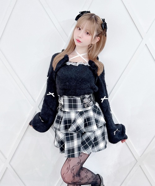 MA*RS(アメーバーマーズ)の「チビリボンケープ風ニット(ニット/セーター・レディース・ピンク/ブラック×ホワイト/ホワイト・FREE)」の14枚目の写真