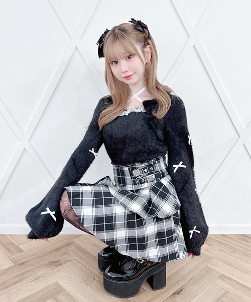 MA*RS(アメーバーマーズ)の「チビリボンケープ風ニット(ニット/セーター・レディース・ピンク/ブラック×ホワイト/ホワイト・FREE)」の16枚目の写真