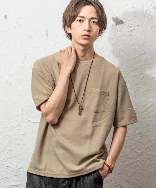 MinoriTY（マイノリティ）の「抗菌防臭加工ワッフルポケット付きビッグシルエット半袖Tシャツ カットソー ルーズ（Tシャツ/カットソー・メンズ・ブラック/ベージュ/ピンク/オフホワイト/カーキ/ネイビー/杢グレー・L/M）」の5枚目の写真