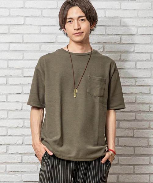 MinoriTY（マイノリティ）の「抗菌防臭加工ワッフルポケット付きビッグシルエット半袖Tシャツ カットソー ルーズ（Tシャツ/カットソー・メンズ・ブラック/ベージュ/ピンク/オフホワイト/カーキ/ネイビー/杢グレー・L/M）」の6枚目の写真