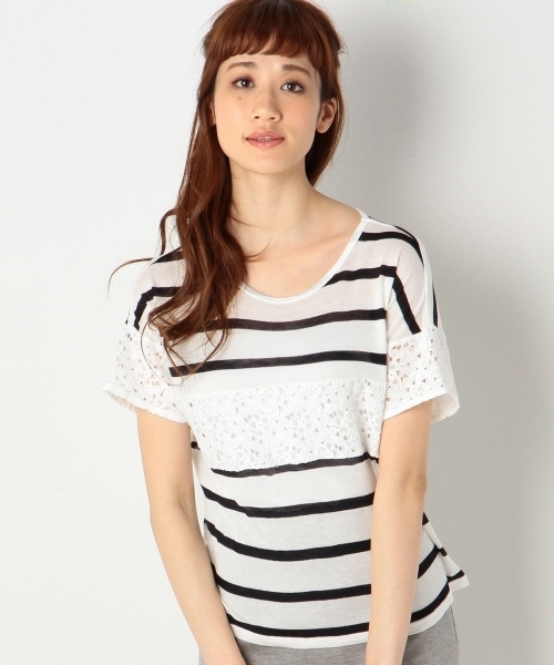 Jewel Changes(ジュエルチェンジズ)の「JCCI ボーダー レースキリカエ ドロップショルダー◆(Tシャツ/カットソー・レディース・ホワイト/ブラック・フリー)」の1枚目の写真