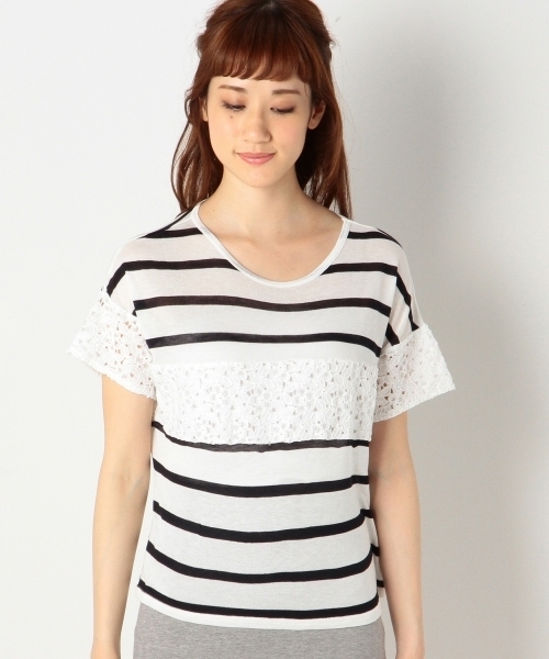 Jewel Changes(ジュエルチェンジズ)の「JCCI ボーダー レースキリカエ ドロップショルダー◆(Tシャツ/カットソー・レディース・ホワイト/ブラック・フリー)」の6枚目の写真