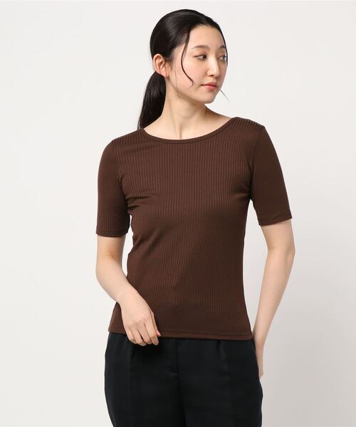 HONEYSUCKLE ROSE（ハニーサックルローズ）の「【HONEYSUCKLE ROSE】リブクルー半袖Ｔシャツ（Tシャツ/カットソー・レディース・ブラウン/オフホワイト/ブルー・S/M/L）」の10枚目の写真