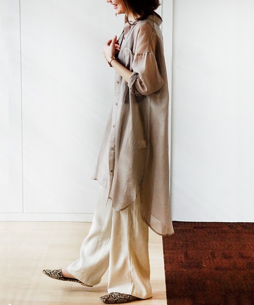 GeeRA（ジーラ）の「シアーバンドカラーシャツワンピース（シャツワンピース・レディース・モカ/ミント・MEDIUM）」の4枚目の写真