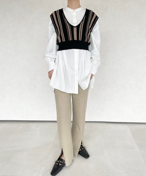 NEUNA(ヌナ)の「クロップド丈ストライプ配色ビスチェ(ベスト・レディース・ベージュ/モカ/ブラック・FREE)」の18枚目の写真