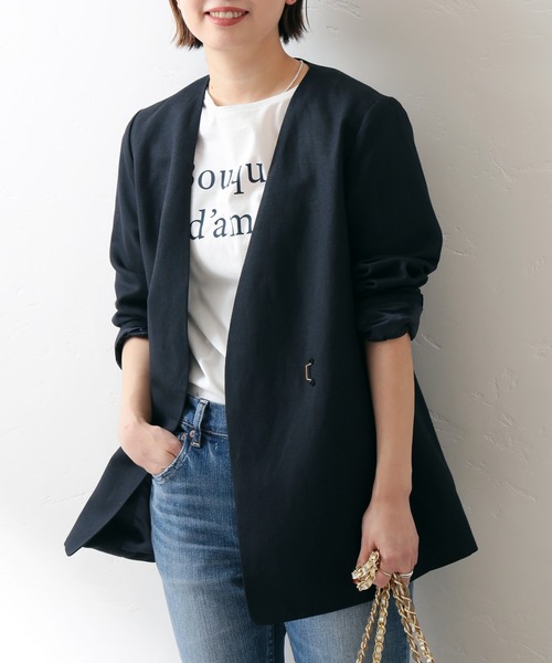 La TOTALITE(ラトータリテ)の「リネン混ベルト付きノーカラージャケット◆(ノーカラージャケット・レディース・ベージュ/ネイビー・38/36)」の1枚目の写真