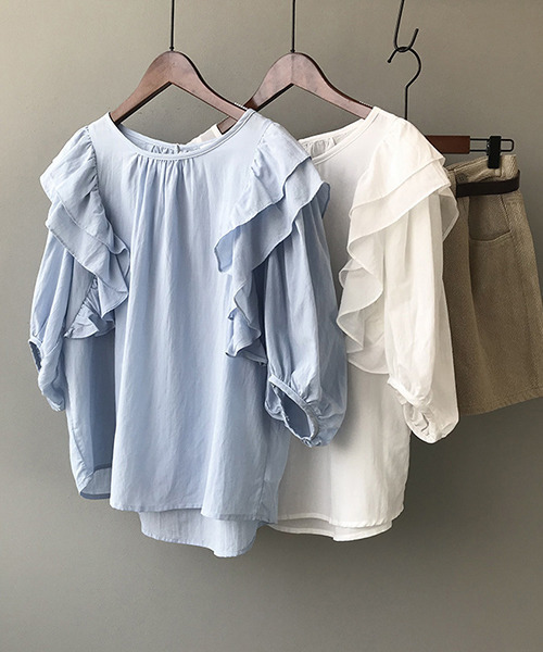 c.u.l（シーユーエル）の「【c.u.l:w】５分袖フリルブラウス culw32（シャツ/ブラウス・レディース・ブルー/ホワイト・L/M）」の18枚目の写真