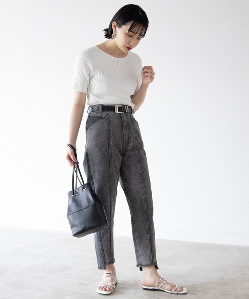 PAGEBOY（ページボーイ）の「ワイドリブニットショートスリーブ（ニット/セーター・レディース・ブラック/オフホワイト/アクア/グレイッシュベージュ・FREE）」の6枚目の写真