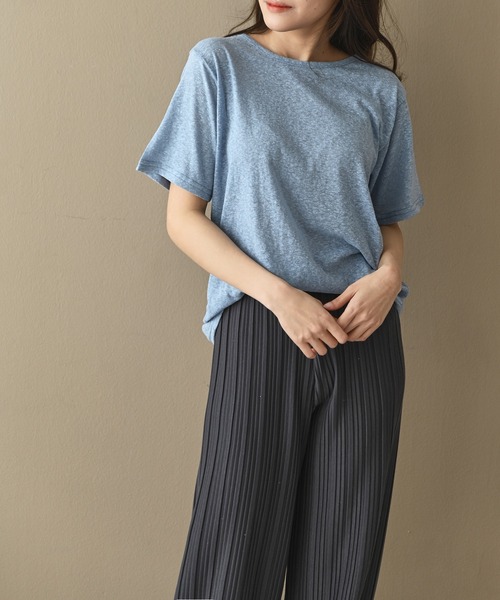 me+em select(ミームセレクト)の「リネンライクTシャツ(Tシャツ/カットソー・レディース・スカイブルー/ブラック/ベージュ/ピンク/イエロー/オレンジ/アイボリー/ミント・FREE)」の5枚目の写真
