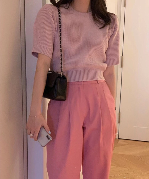 emi+（エミプラス）の「5分袖リブサマーニットプルオーバー（Tシャツ/カットソー・レディース・ネイビー/ピンク/グリーン/アイボリー・FREE）」の6枚目の写真