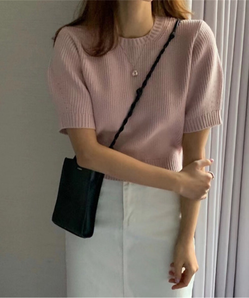 emi+（エミプラス）の「5分袖リブサマーニットプルオーバー（Tシャツ/カットソー・レディース・ネイビー/ピンク/グリーン/アイボリー・FREE）」の8枚目の写真