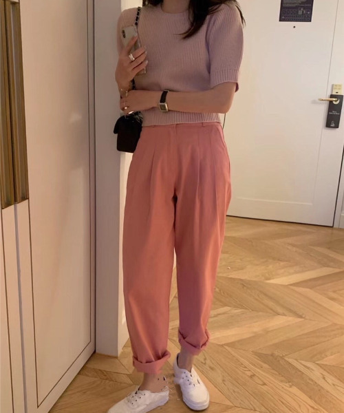 emi+（エミプラス）の「5分袖リブサマーニットプルオーバー（Tシャツ/カットソー・レディース・ネイビー/ピンク/グリーン/アイボリー・FREE）」の9枚目の写真