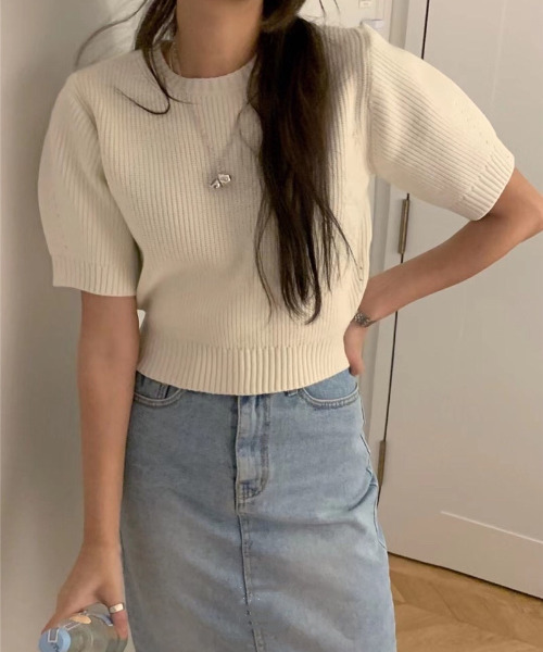 emi+（エミプラス）の「5分袖リブサマーニットプルオーバー（Tシャツ/カットソー・レディース・ネイビー/ピンク/グリーン/アイボリー・FREE）」の10枚目の写真