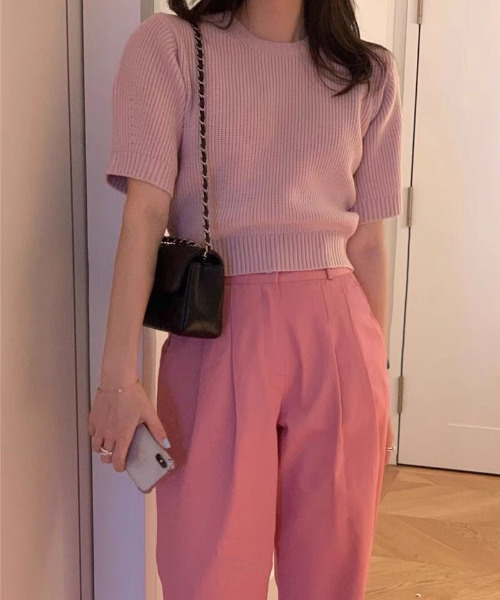 emi+（エミプラス）の「5分袖リブサマーニットプルオーバー（Tシャツ/カットソー・レディース・ネイビー/ピンク/グリーン/アイボリー・FREE）」の11枚目の写真