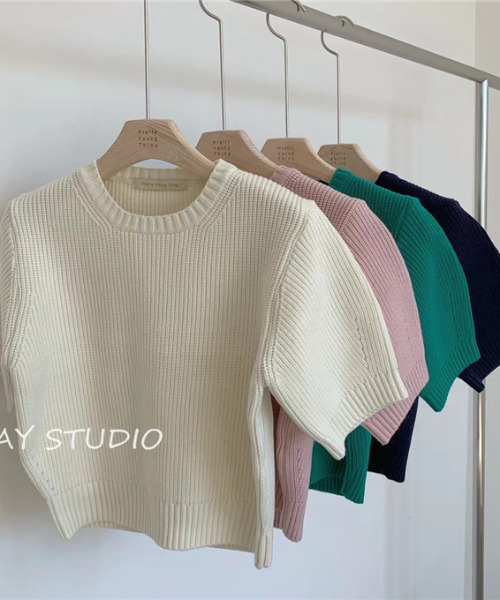 emi+（エミプラス）の「5分袖リブサマーニットプルオーバー（Tシャツ/カットソー・レディース・ネイビー/ピンク/グリーン/アイボリー・FREE）」の12枚目の写真