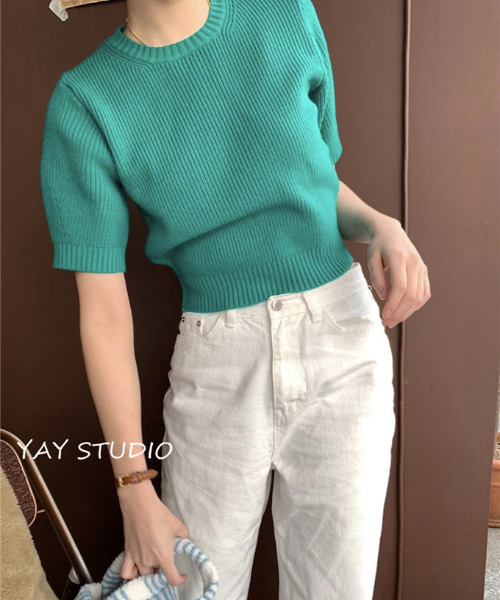 emi+（エミプラス）の「5分袖リブサマーニットプルオーバー（Tシャツ/カットソー・レディース・ネイビー/ピンク/グリーン/アイボリー・FREE）」の14枚目の写真