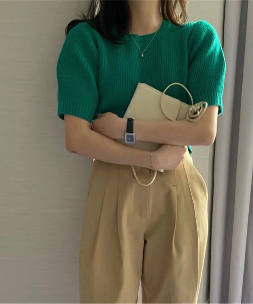 emi+（エミプラス）の「5分袖リブサマーニットプルオーバー（Tシャツ/カットソー・レディース・ネイビー/ピンク/グリーン/アイボリー・FREE）」の16枚目の写真