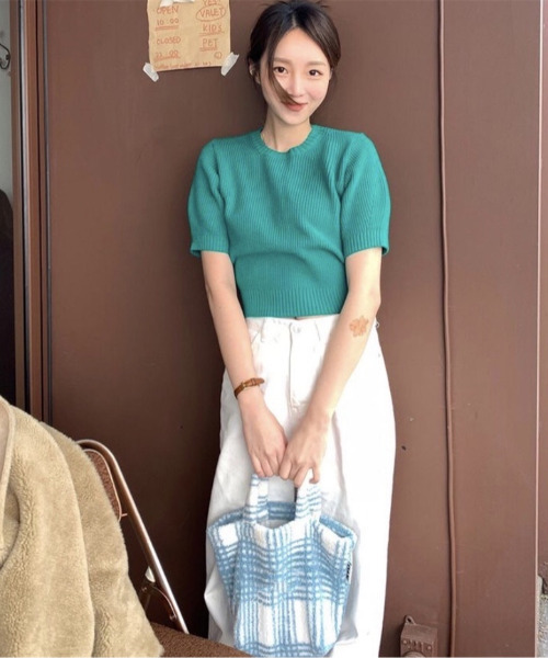 emi+（エミプラス）の「5分袖リブサマーニットプルオーバー（Tシャツ/カットソー・レディース・ネイビー/ピンク/グリーン/アイボリー・FREE）」の19枚目の写真