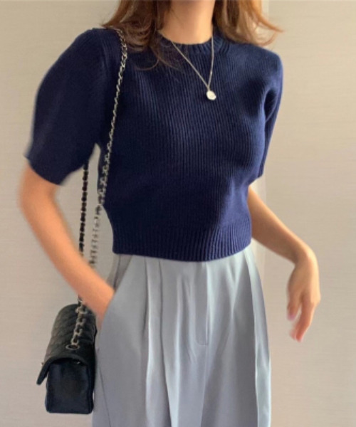 emi+（エミプラス）の「5分袖リブサマーニットプルオーバー（Tシャツ/カットソー・レディース・ネイビー/ピンク/グリーン/アイボリー・FREE）」の21枚目の写真