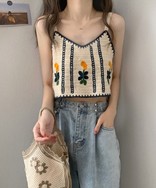 MANGROVE（マングローブ）の「フラワー編みキャミビスチェ（キャミソール・レディース・モカ/ホワイト×ブルー・FREE）」の10枚目の写真