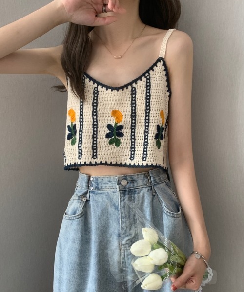 MANGROVE（マングローブ）の「フラワー編みキャミビスチェ（キャミソール・レディース・モカ/ホワイト×ブルー・FREE）」の8枚目の写真