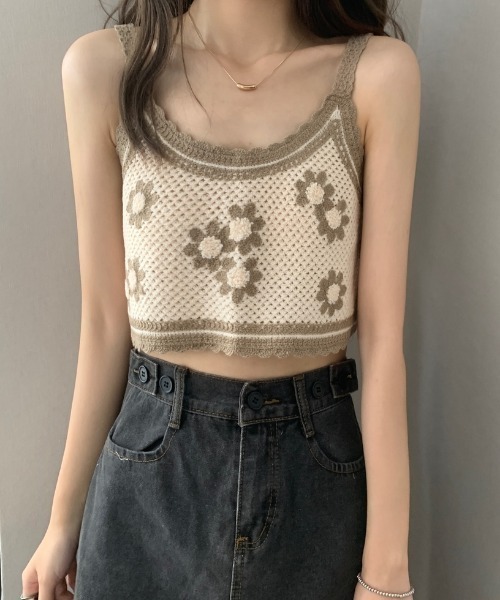 MANGROVE（マングローブ）の「フラワー編みキャミビスチェ（キャミソール・レディース・モカ/ホワイト×ブルー・FREE）」の7枚目の写真