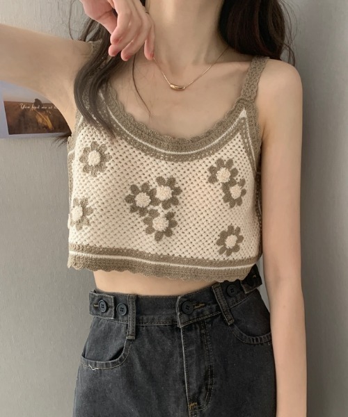 MANGROVE（マングローブ）の「フラワー編みキャミビスチェ（キャミソール・レディース・モカ/ホワイト×ブルー・FREE）」の3枚目の写真