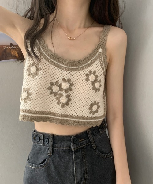 MANGROVE（マングローブ）の「フラワー編みキャミビスチェ（キャミソール・レディース・モカ/ホワイト×ブルー・FREE）」の13枚目の写真