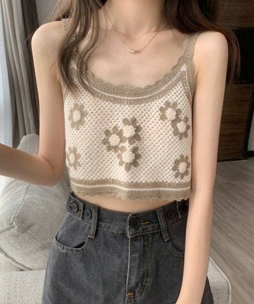 MANGROVE（マングローブ）の「フラワー編みキャミビスチェ（キャミソール・レディース・モカ/ホワイト×ブルー・FREE）」の9枚目の写真